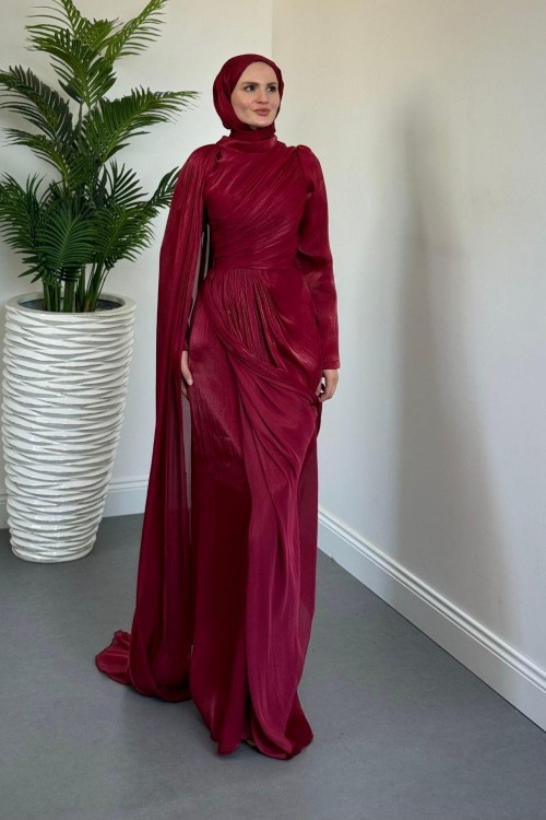 Rosalinne Tek Omuz Pelerinli Drapeli Jan Jan Abiye Bordo