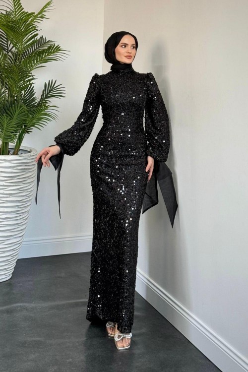 Rosella Pul Payet Kolları Fiyonk Abiye Siyah