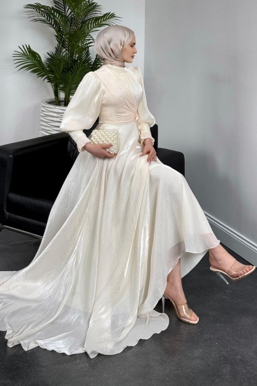 Rovena Yandan Bağlamalı Abiye Ekru