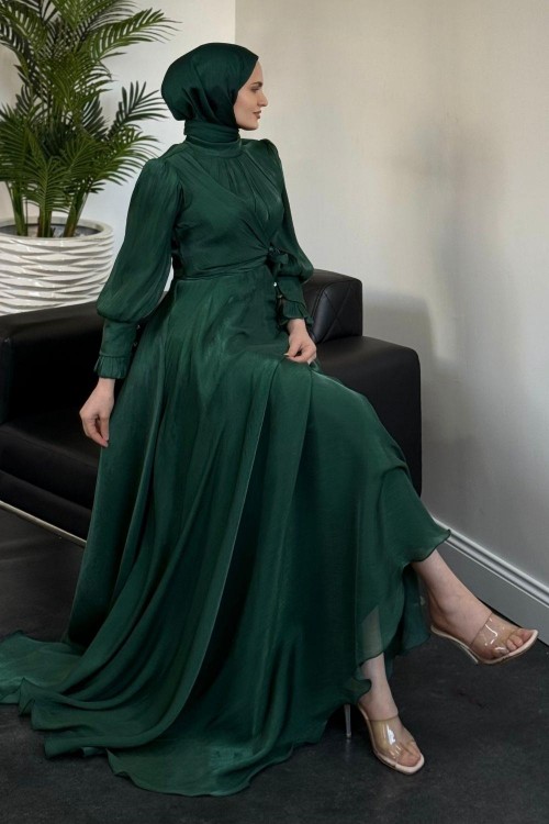 Rovena Yandan Bağlamalı Abiye Zümrüt