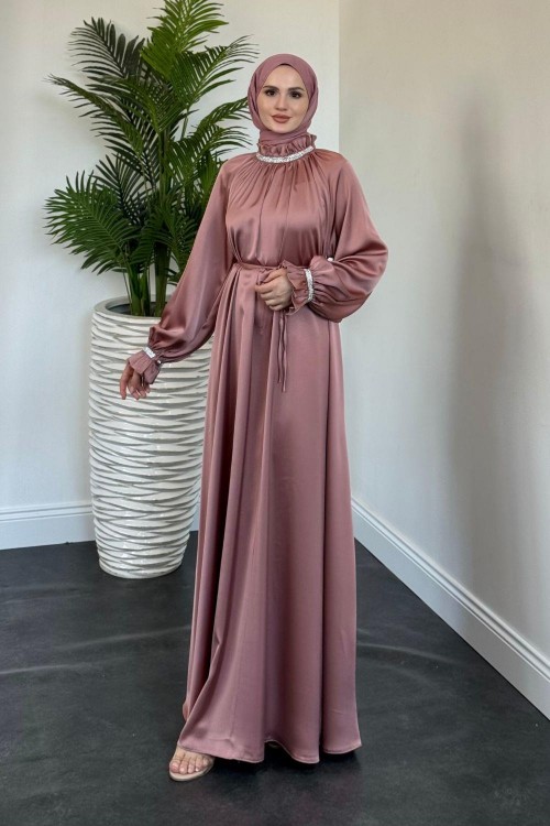 Rozie Kolları Ve Boynu Taşlı Abiye Gül Kurusu