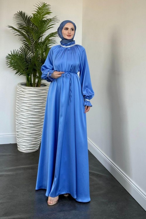 Rozie Kolları Ve Boynu Taşlı Abiye Mavi
