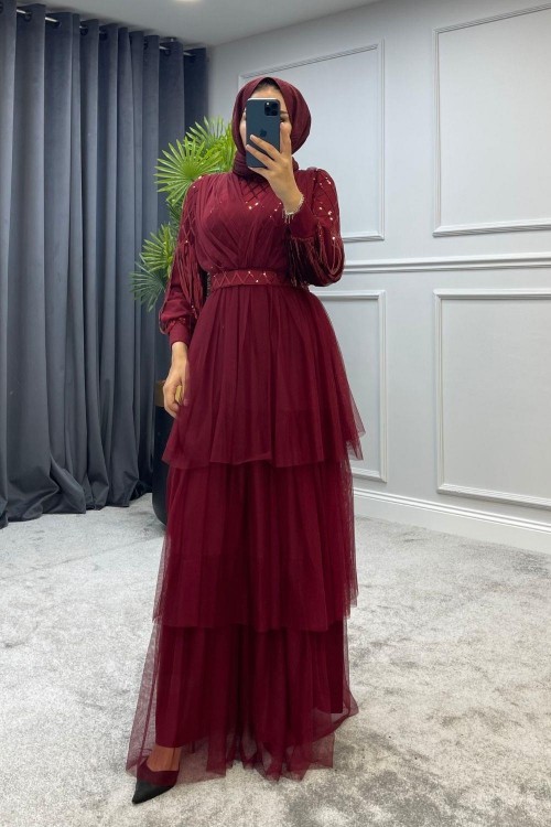 Saçaklı Katkat Abiye Bordo