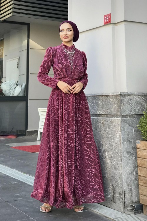 Şahmaran Önü Taşlı Abiye Fuşya