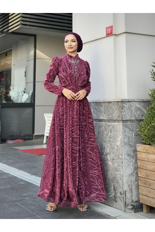 Şahmaran Önü Taşlı Abiye Fuşya