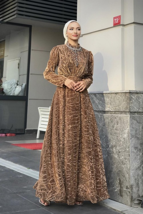 Şahmaran Önü Taşlı Abiye Gold