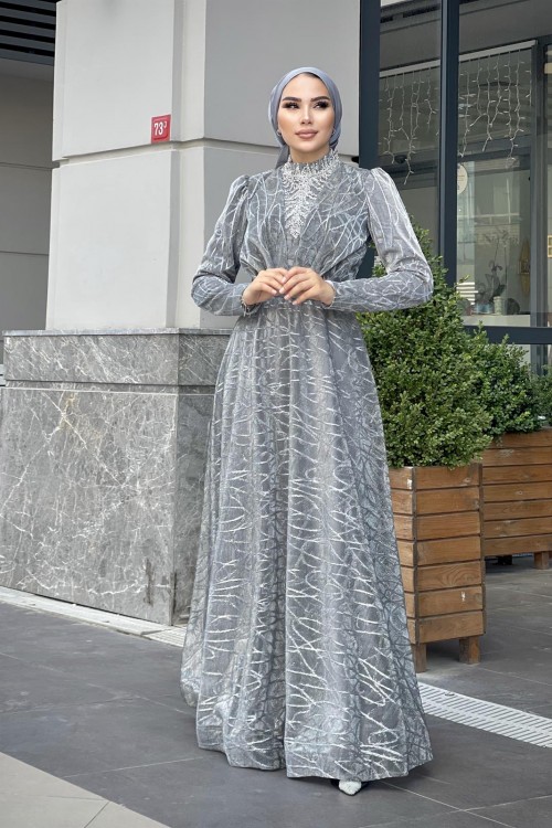 Şahmaran Önü Taşlı Abiye Gri