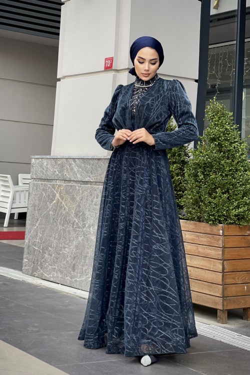 Şahmaran Önü Taşlı Abiye Lacivert