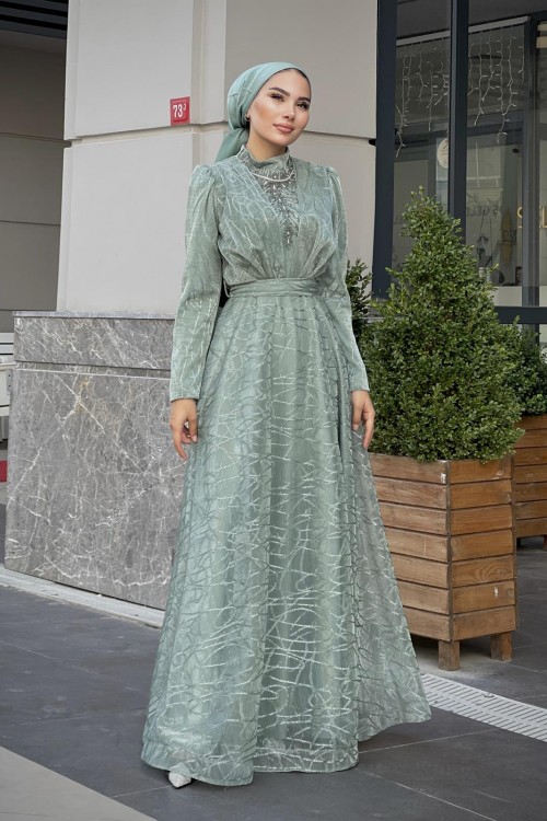 Şahmaran Önü Taşlı Abiye Mint