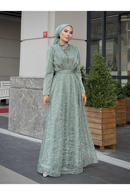 Şahmaran Önü Taşlı Abiye Mint