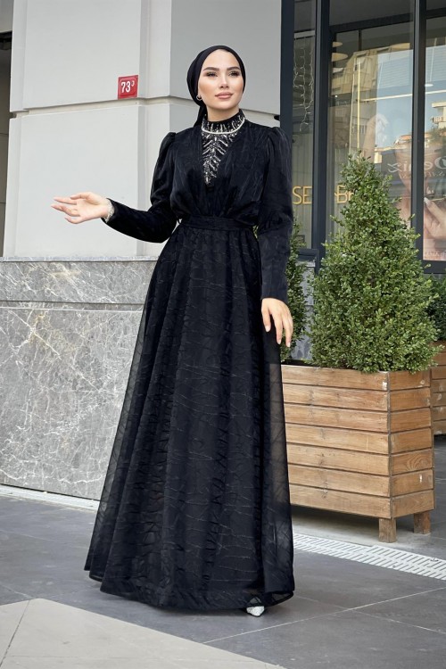 Şahmaran Önü Taşlı Abiye Siyah