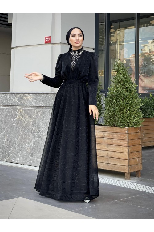 Şahmaran Önü Taşlı Abiye Siyah