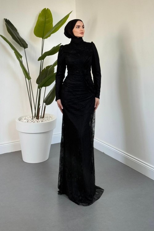 Sahra Dantel Kumaş Astarlı Balık Abiye Siyah