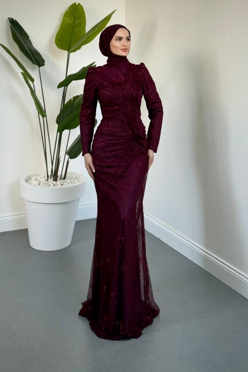 Sahra Dantel Kumaş Astarlı Balık Abiye Mürdüm