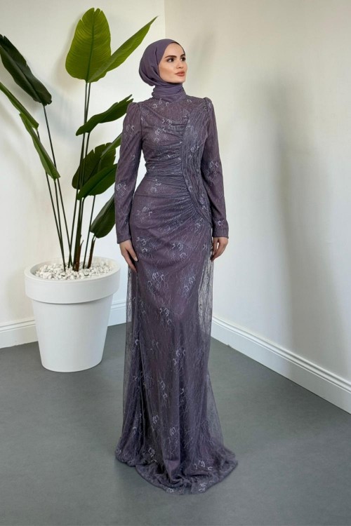 Sahra Dantel Kumaş Astarlı Balık Abiye Lila