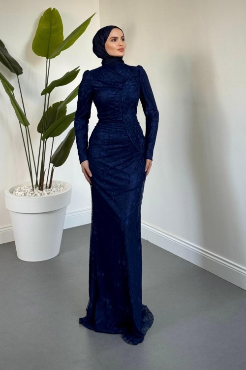 Sahra Dantel Kumaş Astarlı Balık Abiye Lacivert