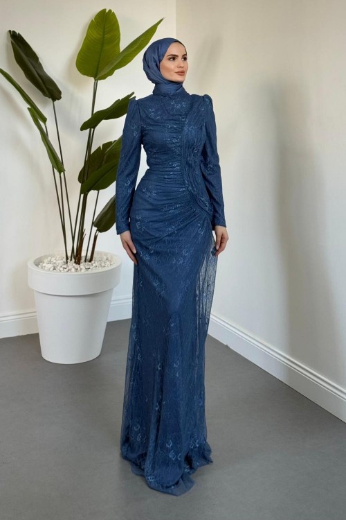 Sahra Dantel Kumaş Astarlı Balık Abiye İndigo