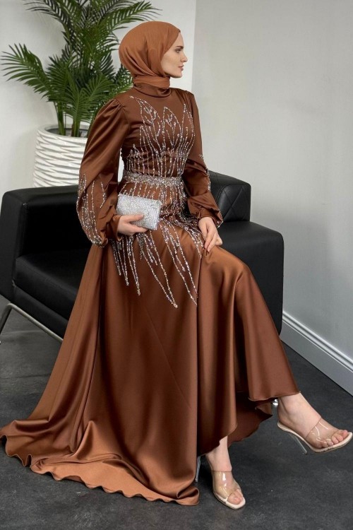 Şahsanem Önü Taşlı Saten Abiye Kahverengi