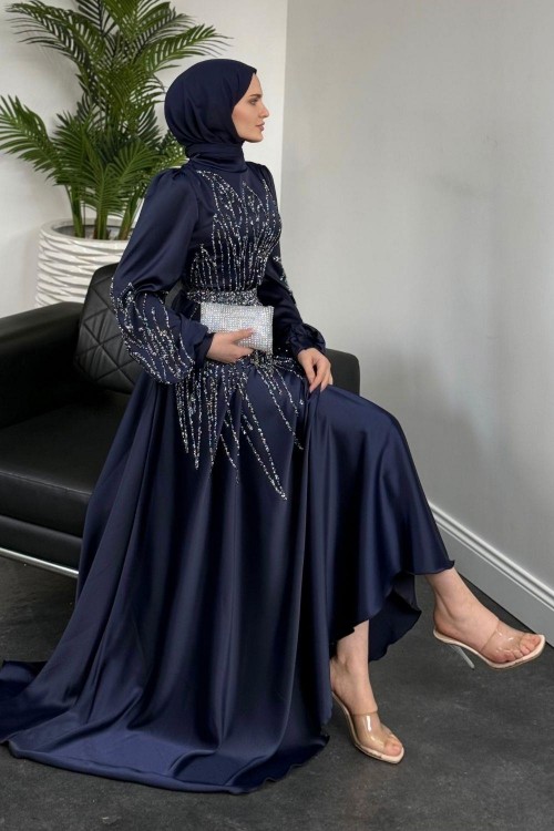 Şahsanem Önü Taşlı Saten Abiye Lacivert