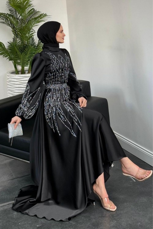 Şahsanem Önü Taşlı Saten Abiye Siyah