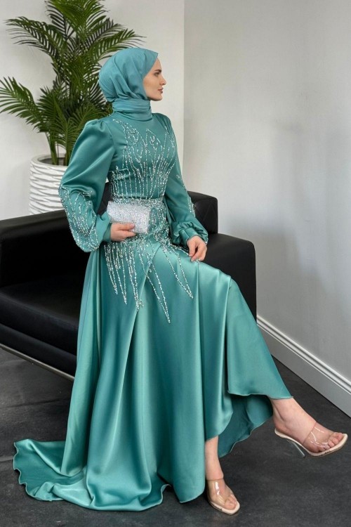 Şahsanem Önü Taşlı Saten Abiye Turkuaz