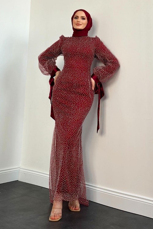 Sakura Simli Balık Abiye Bordo