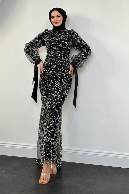 Sakura Simli Balık Abiye Siyah