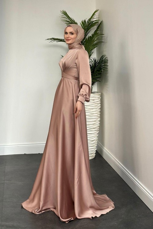 Samantha Önü Çapraz Detay Saten Abiye Pudra Pembesi