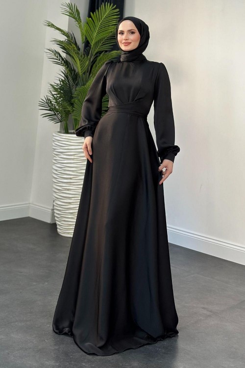 Samantha Önü Çapraz Detay Saten Abiye Siyah