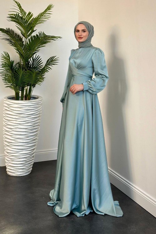 Samantha Önü Çapraz Detay Saten Abiye Açık Mint 