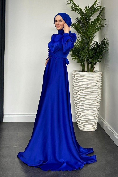 Samantha Önü Çapraz Detay Saten Abiye Saks Mavisi