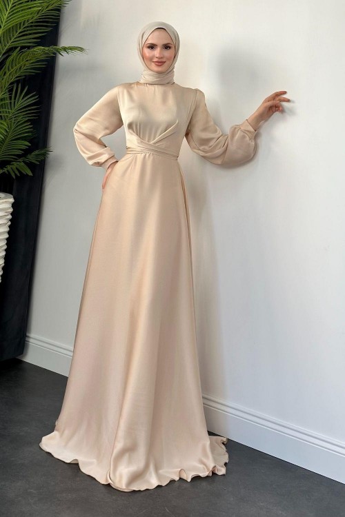 Samantha Önü Çapraz Detay Saten Abiye Krem