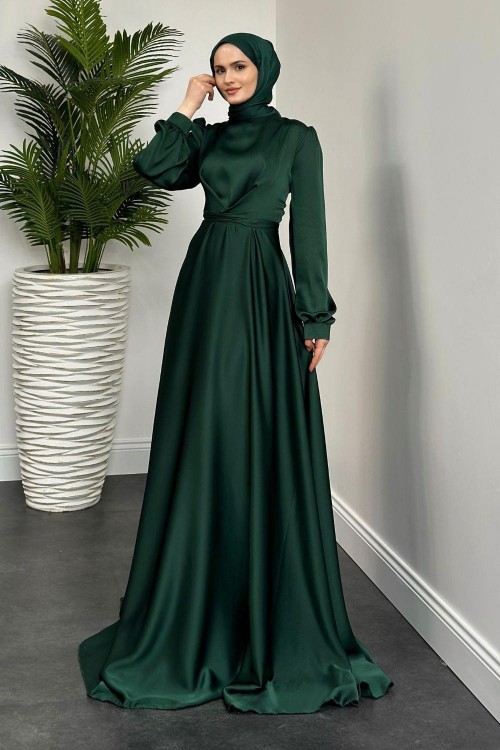 Samantha Önü Çapraz Detay Saten Abiye Zümrüt