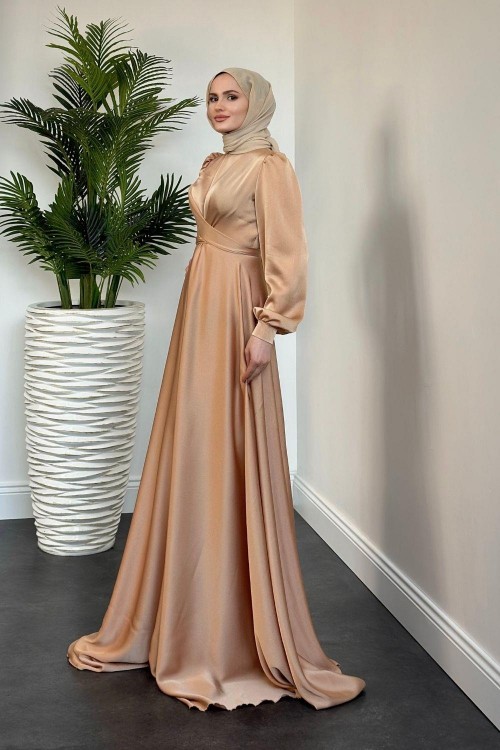 Samantha Önü Çapraz Detay Saten Abiye Somon