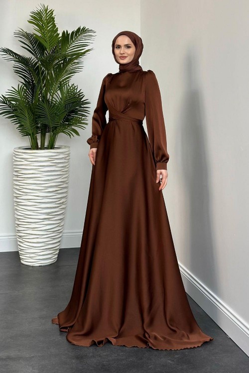 Samantha Önü Çapraz Detay Saten Abiye Kahverengi