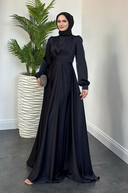Samantha Önü Çapraz Detay Saten Abiye Koyu Lacivert