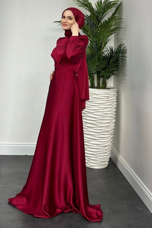 Samantha Önü Çapraz Detay Saten Abiye Bordo