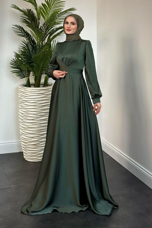 Samantha Önü Çapraz Detay Saten Abiye Kına Yeşili