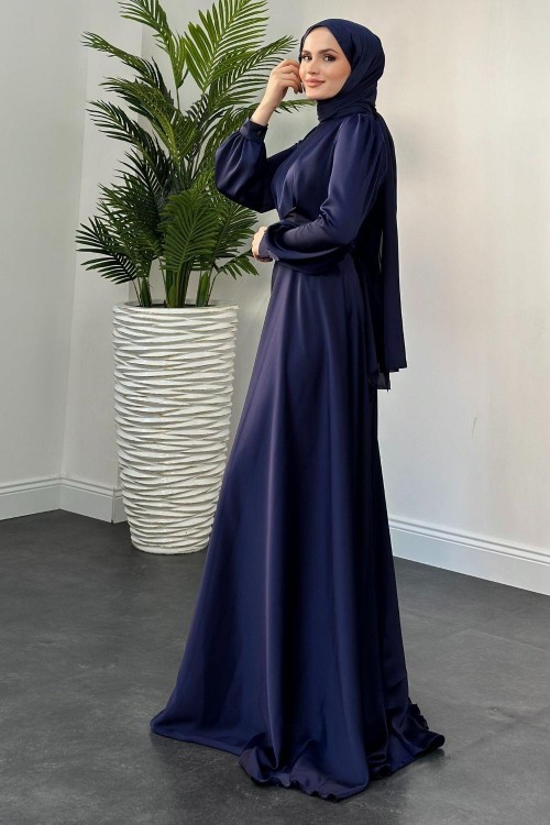 Samantha Önü Çapraz Detay Saten Abiye Lacivert
