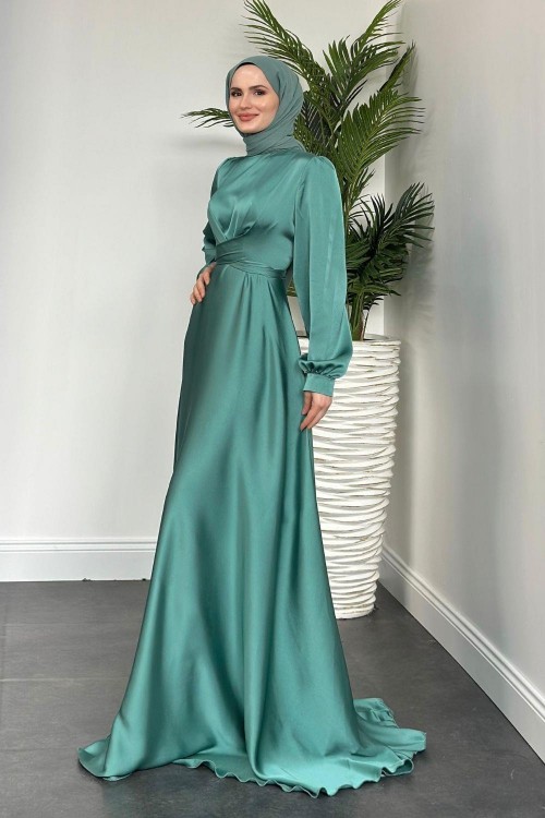 Samantha Önü Çapraz Detay Saten Abiye Mint Yeşili