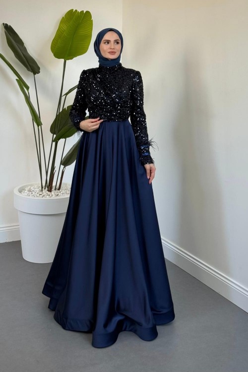 Samar Üst Pullu Drapeli Abiye Lacivert