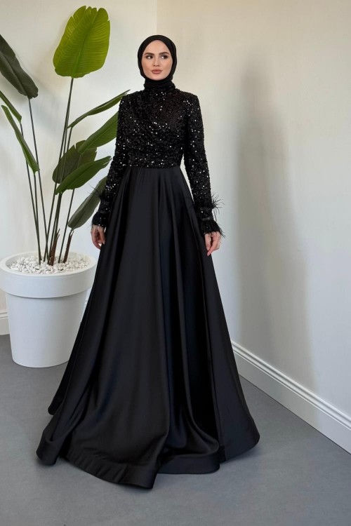 Samar Üst Pullu Drapeli Abiye Siyah