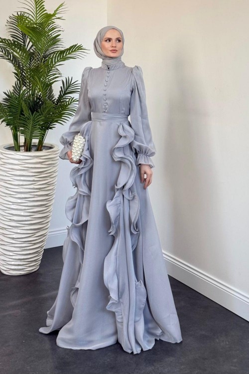 Samira Fırfırlı Janjan Abiye Gri