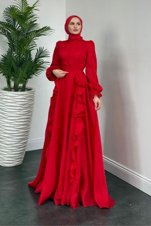 Samira Fırfırlı Janjan Abiye Kırmızı