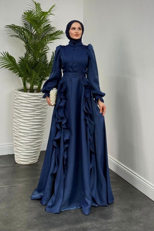 Samira Fırfırlı Janjan Abiye Lacivert