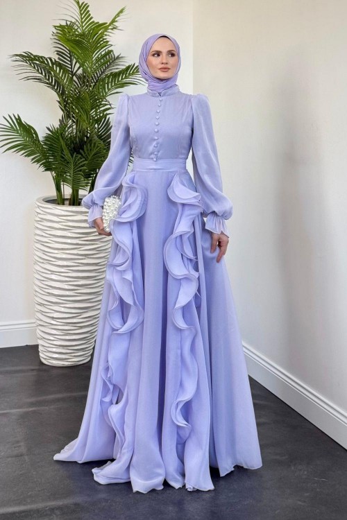 Samira Fırfırlı Janjan Abiye Lila