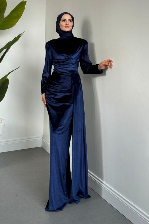 Samy Kadife Kumaş Balık Elbise Lacivert