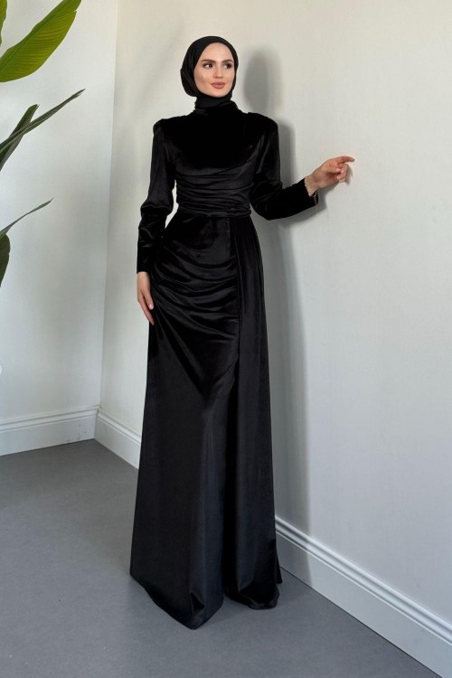 Samy Kadife Kumaş Balık Elbise Siyah
