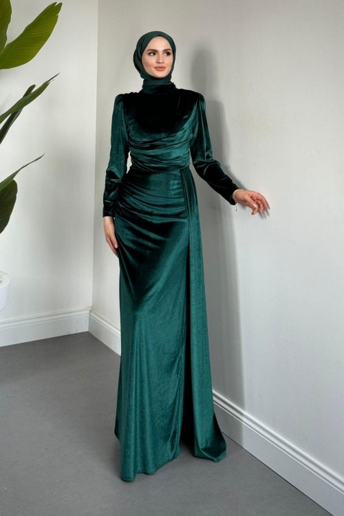 Samy Kadife Kumaş Balık Elbise Zümrüt