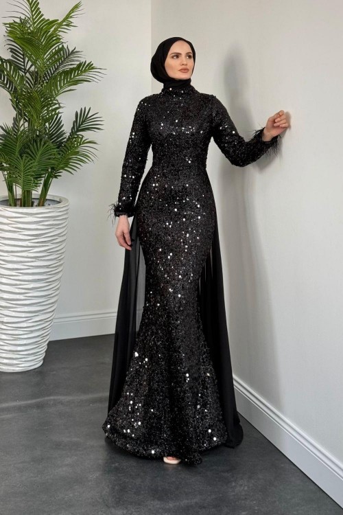 Sanem Pelerinli Pul Payet Abiye Siyah